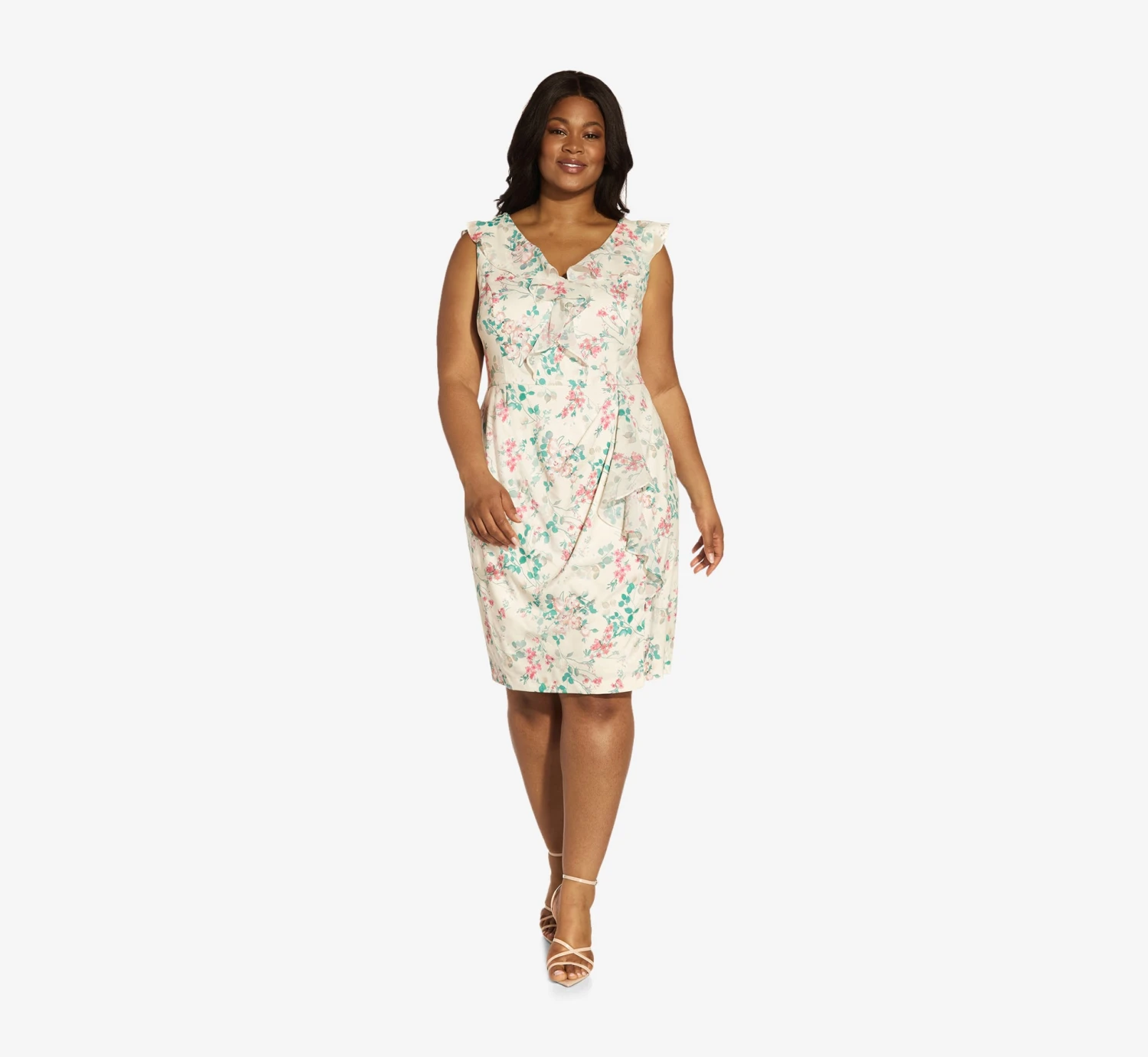 Adrianna Papell Plus Size Floral-Print Twill/Chiffon Ruffled Short Sheath Dress In Alabaster Multi 3 Adrianna Papell Plus Size Floral-Print Twill/Chiffon Ruffled Short Sheath Dress In Alabaster Multi - Image 3