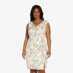 Adrianna Papell Plus Size Floral-Print Twill/Chiffon Ruffled Short Sheath Dress In Alabaster Multi