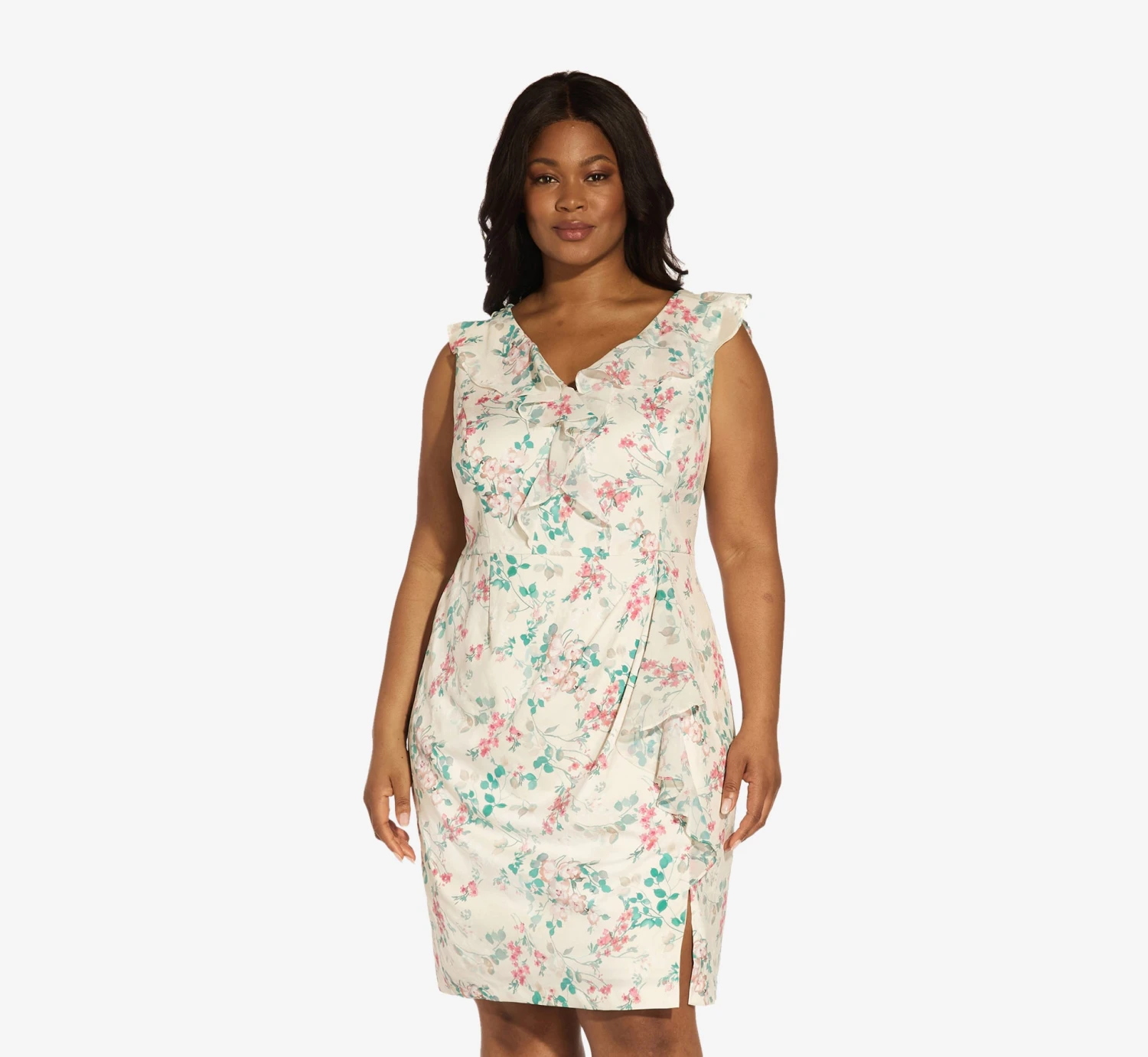 Adrianna Papell Plus Size Floral-Print Twill/Chiffon Ruffled Short Sheath Dress In Alabaster Multi 1 Adrianna Papell Plus Size Floral-Print Twill/Chiffon Ruffled Short Sheath Dress In Alabaster Multi