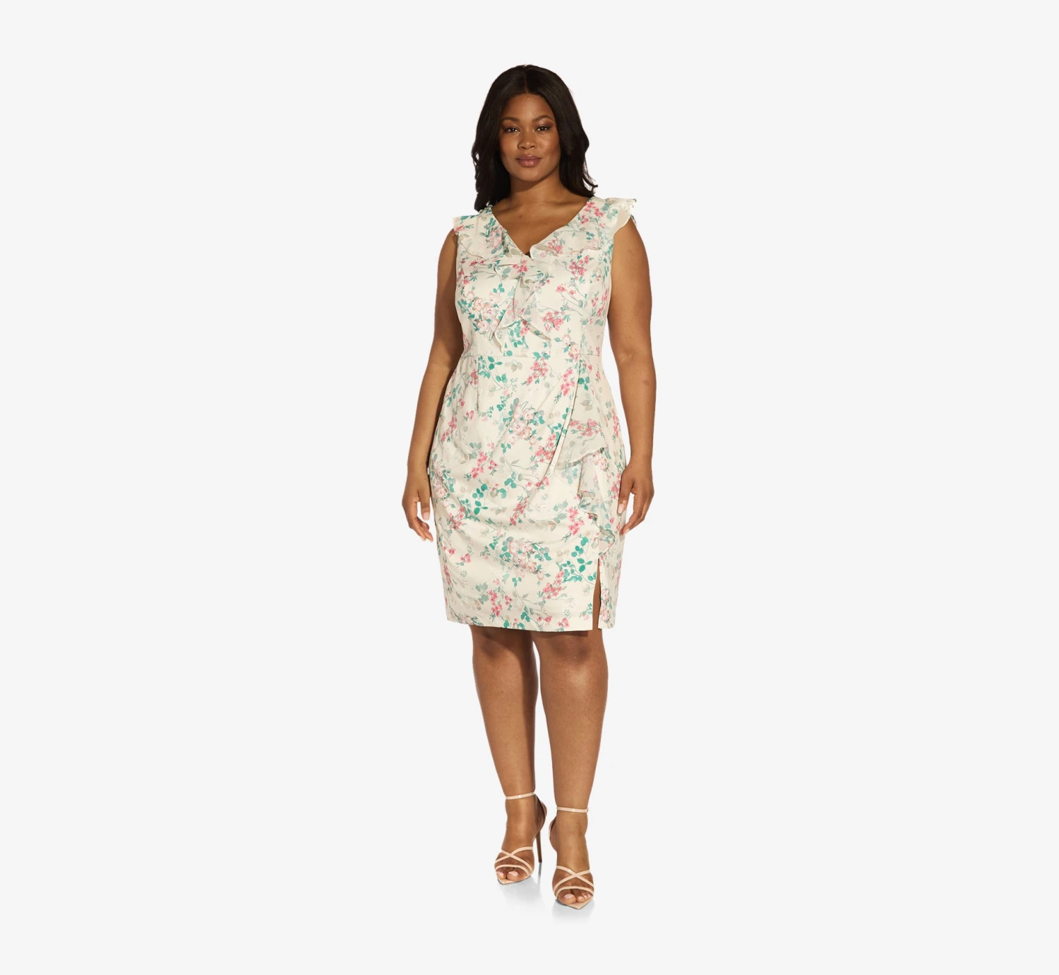 Adrianna Papell Plus Size Floral-Print Twill/Chiffon Ruffled Short Sheath Dress In Alabaster Multi 4 Adrianna Papell Plus Size Floral-Print Twill/Chiffon Ruffled Short Sheath Dress In Alabaster Multi - Image 4
