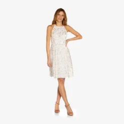 Adrianna Papell Metallic Floral Embroidered Short Fit-And-Flare Dress In Ivory Gold 7 Adrianna Papell Metallic Floral Embroidered Short Fit-And-Flare Dress In Ivory Gold -Glam Mirth Sales AP1D104749 AK170 Regular Alternate