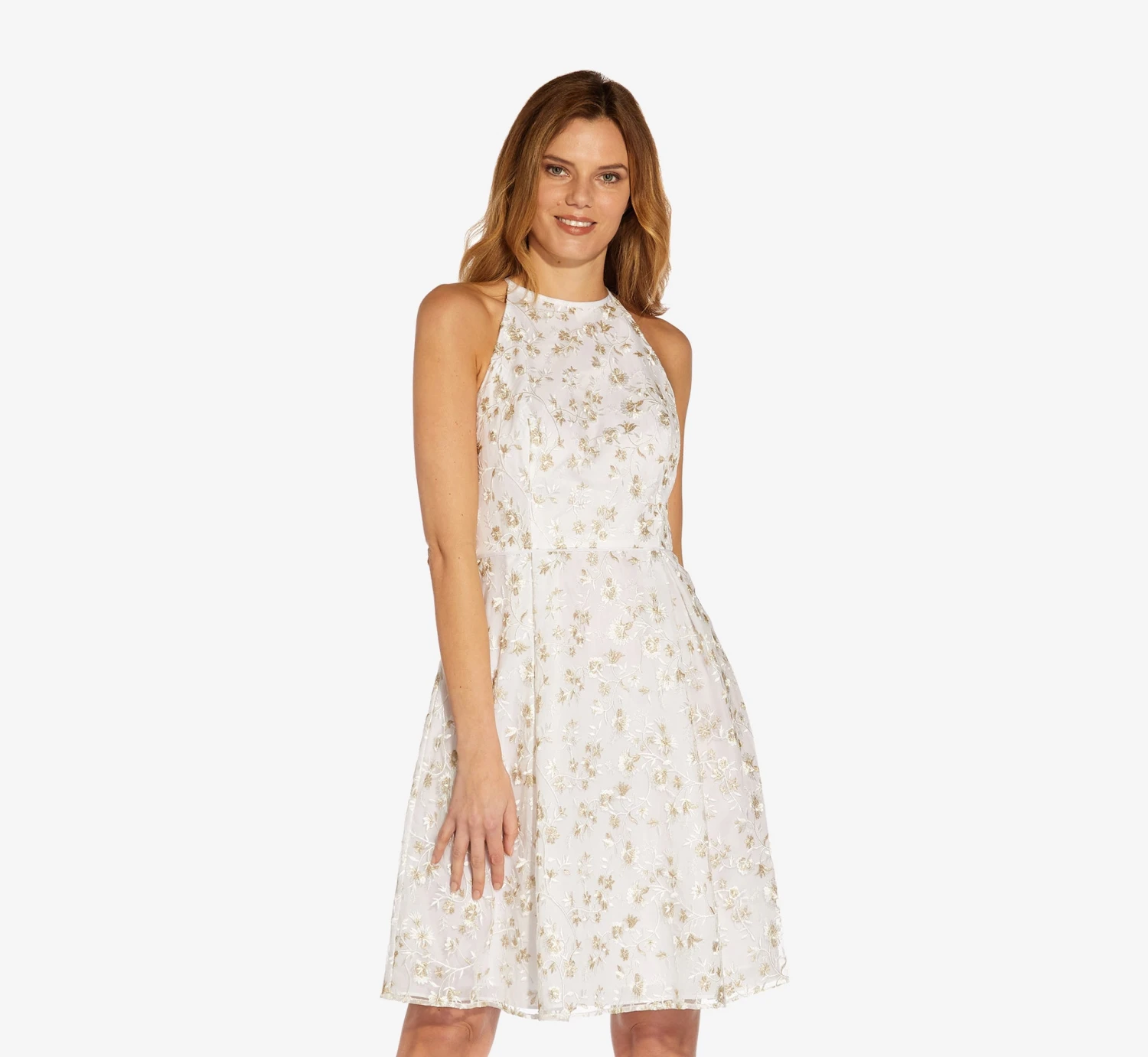 Adrianna Papell Metallic Floral Embroidered Short Fit-And-Flare Dress In Ivory Gold 1 Adrianna Papell Metallic Floral Embroidered Short Fit-And-Flare Dress In Ivory Gold