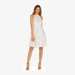 Adrianna Papell Metallic Floral Embroidered Short Fit-And-Flare Dress In Ivory Gold 8 Adrianna Papell Metallic Floral Embroidered Short Fit-And-Flare Dress In Ivory Gold -Glam Mirth Sales AP1D104749 AK170 Regular Side