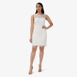 Adrianna Papell Guipure Lace Short Sheath Dress In Ivory 6 Adrianna Papell Guipure Lace Short Sheath Dress In Ivory -Glam Mirth Sales AP1D104751 AA194 Regular Side