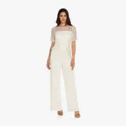 Adrianna Papell Guipure Lace And Crepe Wide-Leg Jumpsuit In Ivory