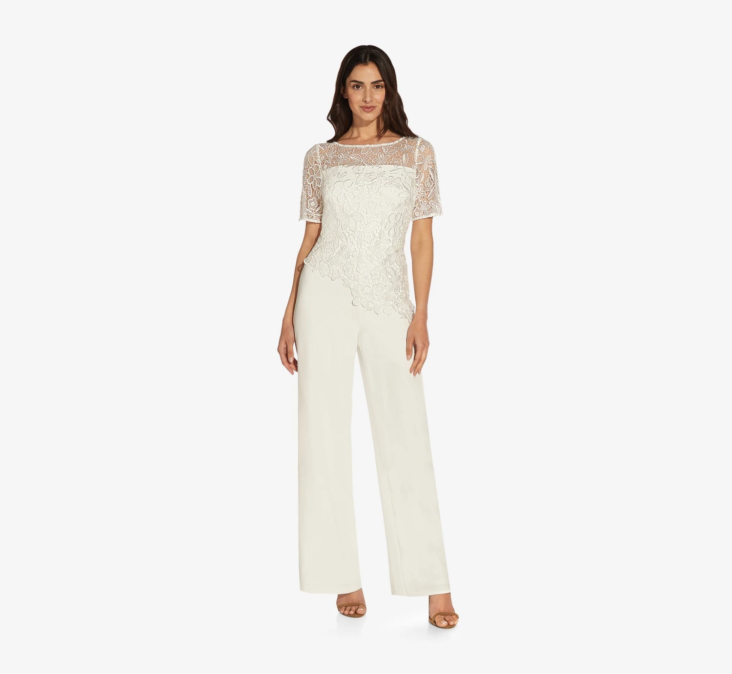 Adrianna Papell Guipure Lace And Crepe Wide-Leg Jumpsuit In Ivory 1 Adrianna Papell Guipure Lace And Crepe Wide-Leg Jumpsuit In Ivory