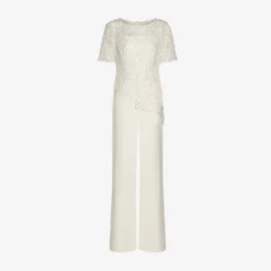 Adrianna Papell Guipure Lace And Crepe Wide-Leg Jumpsuit In Ivory 8 Adrianna Papell Guipure Lace And Crepe Wide-Leg Jumpsuit In Ivory -Glam Mirth Sales AP1D104752 AA194 Regular Flat