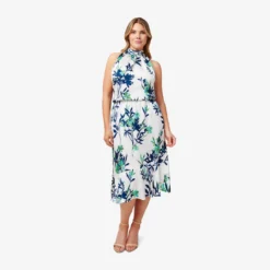 Adrianna Papell Plus Size Floral-Print Crepe Midi-Length Blouson Halter Dress In Ivory Multi -Glam Mirth Sales AP1D104753 AH170 Plus Side