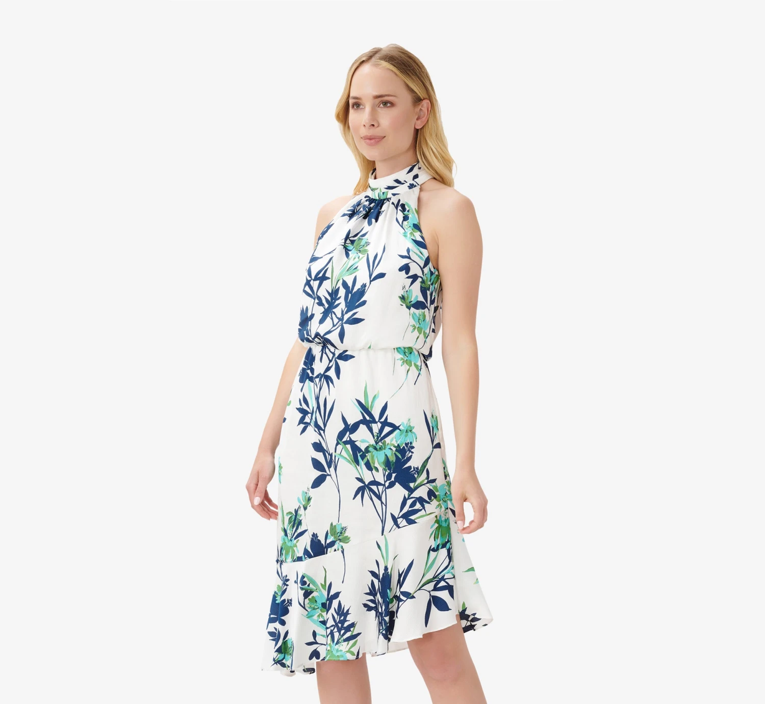 Adrianna Papell Floral-Print Crepe Midi-Length Blouson Halter Dress In Ivory Multi 1 Adrianna Papell Floral-Print Crepe Midi-Length Blouson Halter Dress In Ivory Multi