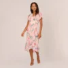 Adrianna Papell Floral-Print Twill Ruffled Midi-Length Faux Wrap Dress In Rose Multi