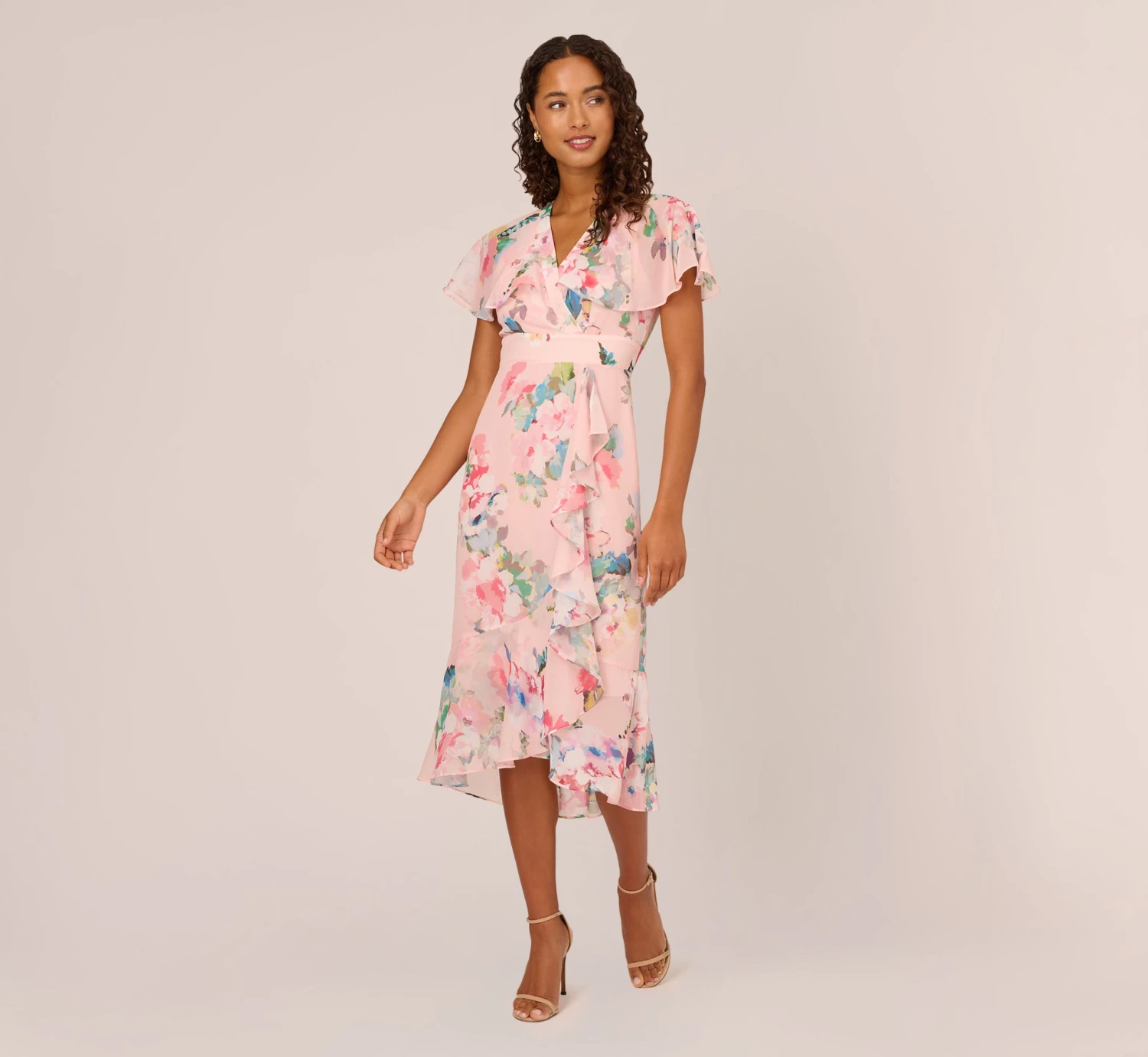 Adrianna Papell Floral-Print Twill Ruffled Midi-Length Faux Wrap Dress In Rose Multi 1 Adrianna Papell Floral-Print Twill Ruffled Midi-Length Faux Wrap Dress In Rose Multi
