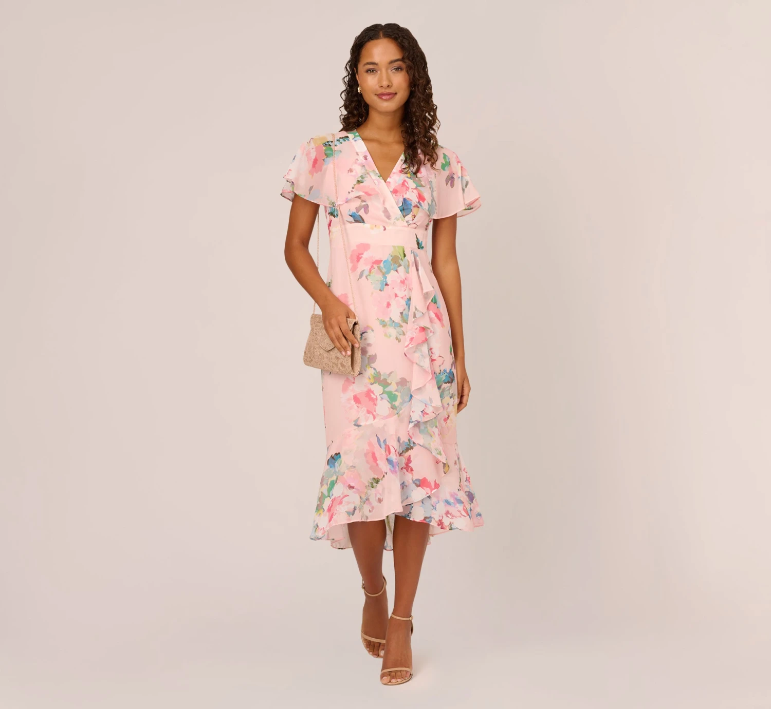 Adrianna Papell Floral-Print Twill Ruffled Midi-Length Faux Wrap Dress In Rose Multi 2 Adrianna Papell Floral-Print Twill Ruffled Midi-Length Faux Wrap Dress In Rose Multi - Image 2