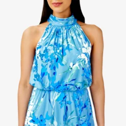 Adrianna Papell Floral-Print Mock Neck Midi-Length Chiffon Blouson Halter Dress In Peri Multi -Glam Mirth Sales AP1D104758 AC494 Regular Detail