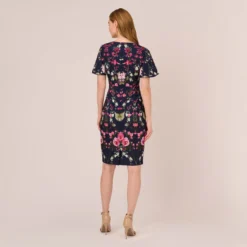 Adrianna Papell Floral-Print Crepe Midi-Length Sheath Dress In Navy Multi 9 Adrianna Papell Floral-Print Crepe Midi-Length Sheath Dress In Navy Multi -Glam Mirth Sales AP1D104781 AA980 Regular Back