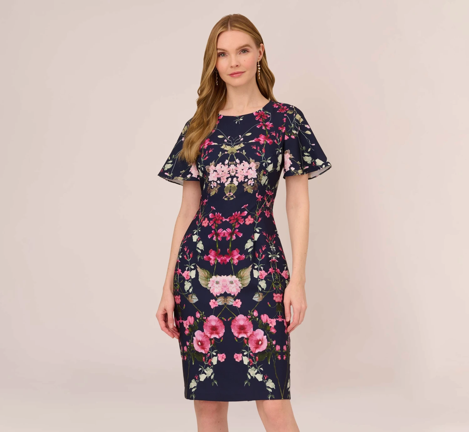Adrianna Papell Floral-Print Crepe Midi-Length Sheath Dress In Navy Multi 1 Adrianna Papell Floral-Print Crepe Midi-Length Sheath Dress In Navy Multi