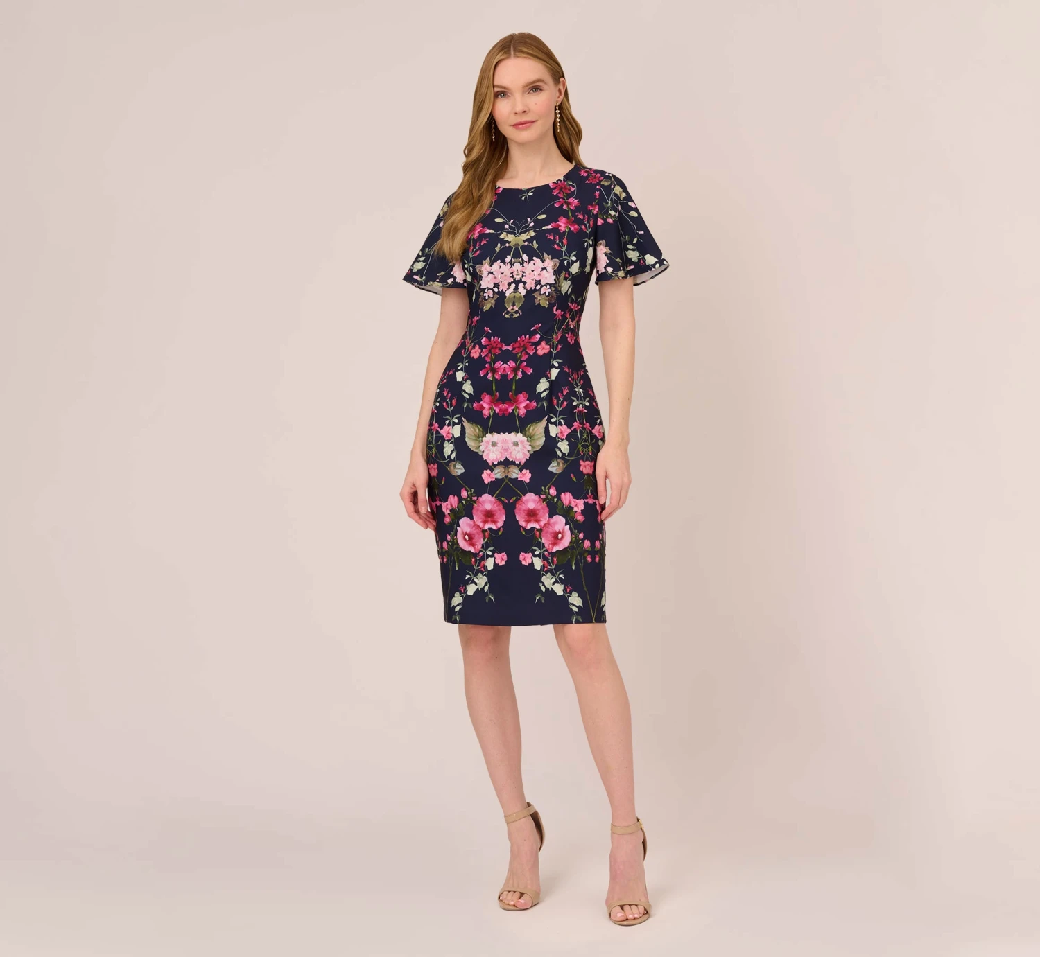 Adrianna Papell Floral-Print Crepe Midi-Length Sheath Dress In Navy Multi 6 Adrianna Papell Floral-Print Crepe Midi-Length Sheath Dress In Navy Multi - Image 6
