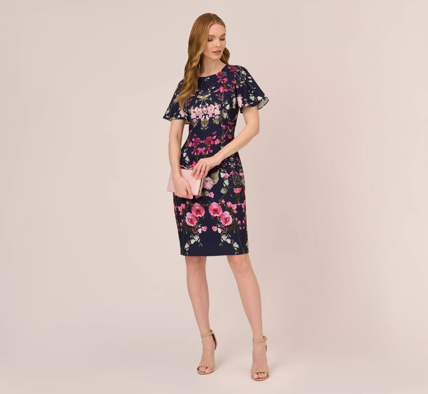 Adrianna Papell Floral-Print Crepe Midi-Length Sheath Dress In Navy Multi 2 Adrianna Papell Floral-Print Crepe Midi-Length Sheath Dress In Navy Multi - Image 2
