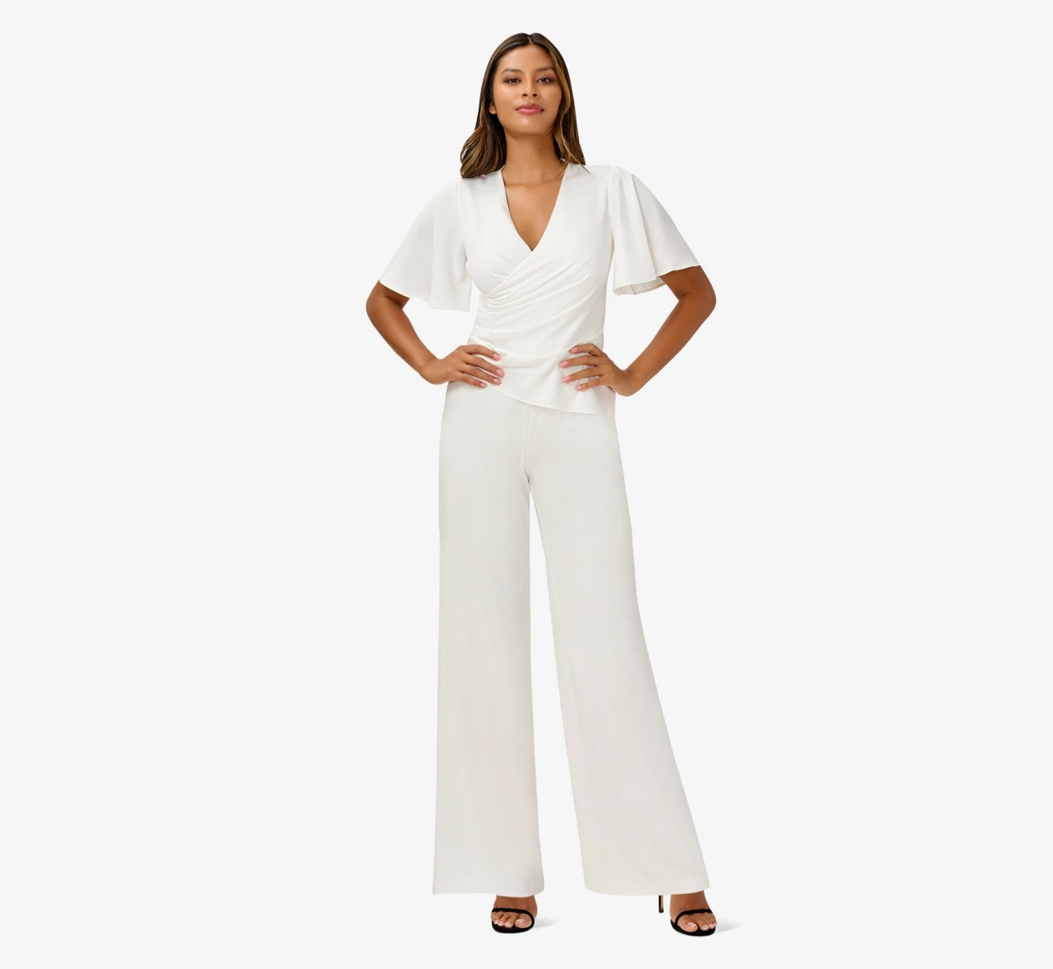 Adrianna Papell Satin Crepe Faux Wrap Jumpsuit With Flutter Sleeves In Ivory 3 Adrianna Papell Satin Crepe Faux Wrap Jumpsuit With Flutter Sleeves In Ivory - Image 3