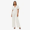 Adrianna Papell Satin Crepe Faux Wrap Jumpsuit With Flutter Sleeves In Ivory