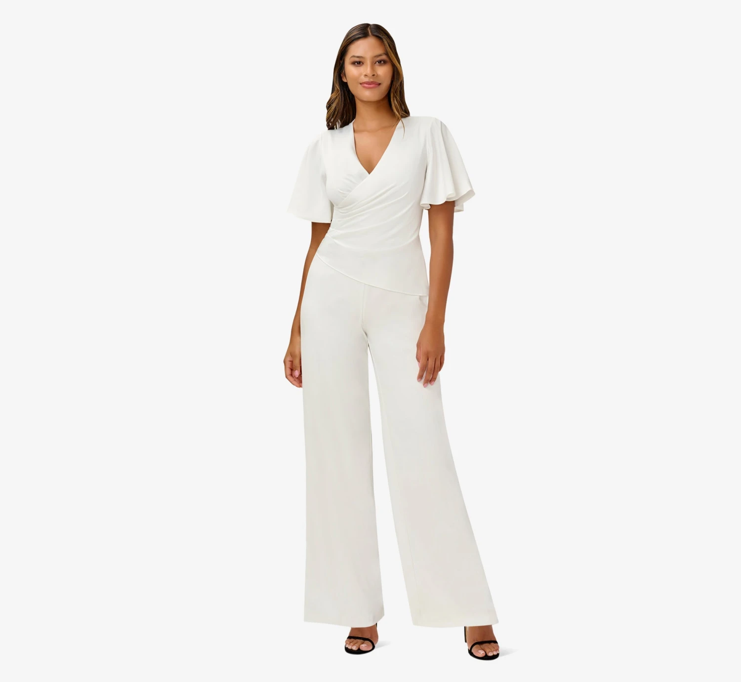 Adrianna Papell Satin Crepe Faux Wrap Jumpsuit With Flutter Sleeves In Ivory 1 Adrianna Papell Satin Crepe Faux Wrap Jumpsuit With Flutter Sleeves In Ivory