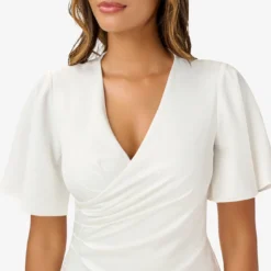 Adrianna Papell Satin Crepe Faux Wrap Jumpsuit With Flutter Sleeves In Ivory 9 Adrianna Papell Satin Crepe Faux Wrap Jumpsuit With Flutter Sleeves In Ivory -Glam Mirth Sales AP1D104798 AA194 Regular Detail