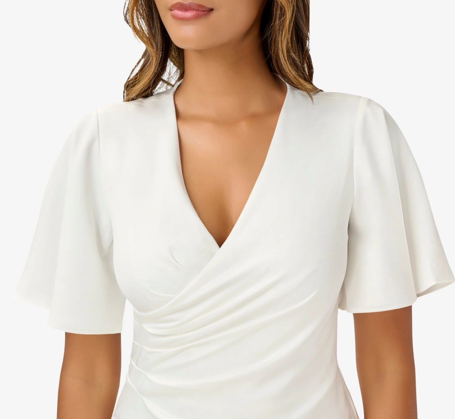 Adrianna Papell Satin Crepe Faux Wrap Jumpsuit With Flutter Sleeves In Ivory 5 Adrianna Papell Satin Crepe Faux Wrap Jumpsuit With Flutter Sleeves In Ivory - Image 5