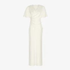 Adrianna Papell Satin Crepe Faux Wrap Jumpsuit With Flutter Sleeves In Ivory 8 Adrianna Papell Satin Crepe Faux Wrap Jumpsuit With Flutter Sleeves In Ivory -Glam Mirth Sales AP1D104798 AA194 Regular Flat