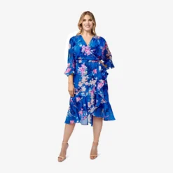 Adrianna Papell Plus Size Floral-Print Chiffon Short Wrap Dress In Blue Multi -Glam Mirth Sales AP1D104808 AA461 Plus Alternate
