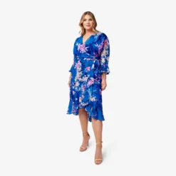 Adrianna Papell Plus Size Floral-Print Chiffon Short Wrap Dress In Blue Multi -Glam Mirth Sales AP1D104808 AA461 Plus Side