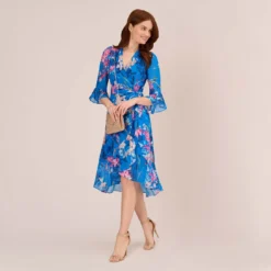 Adrianna Papell Floral-Print Chiffon Short Wrap Dress In Blue Multi