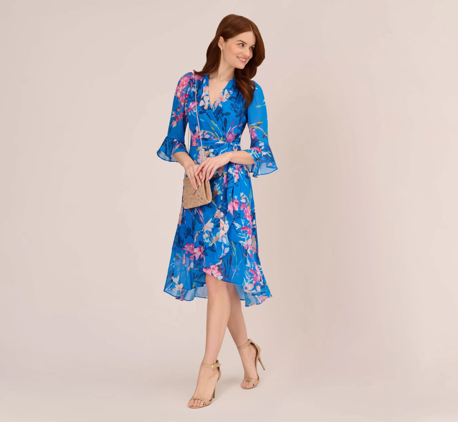 Adrianna Papell Floral-Print Chiffon Short Wrap Dress In Blue Multi 1 Adrianna Papell Floral-Print Chiffon Short Wrap Dress In Blue Multi