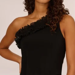 Adrianna Papell Ruffled One-Shoulder Blouson Jersey Jumpsuit In Black -Glam Mirth Sales AP1D104818 AA002 Regular Lifestyle