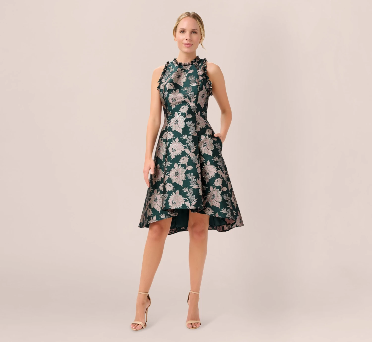 Adrianna Papell Metallic Floral Jacquard Ruffled Fit And Flare Short Day Dress In Hunter Multi 1 Adrianna Papell Metallic Floral Jacquard Ruffled Fit And Flare Short Day Dress In Hunter Multi