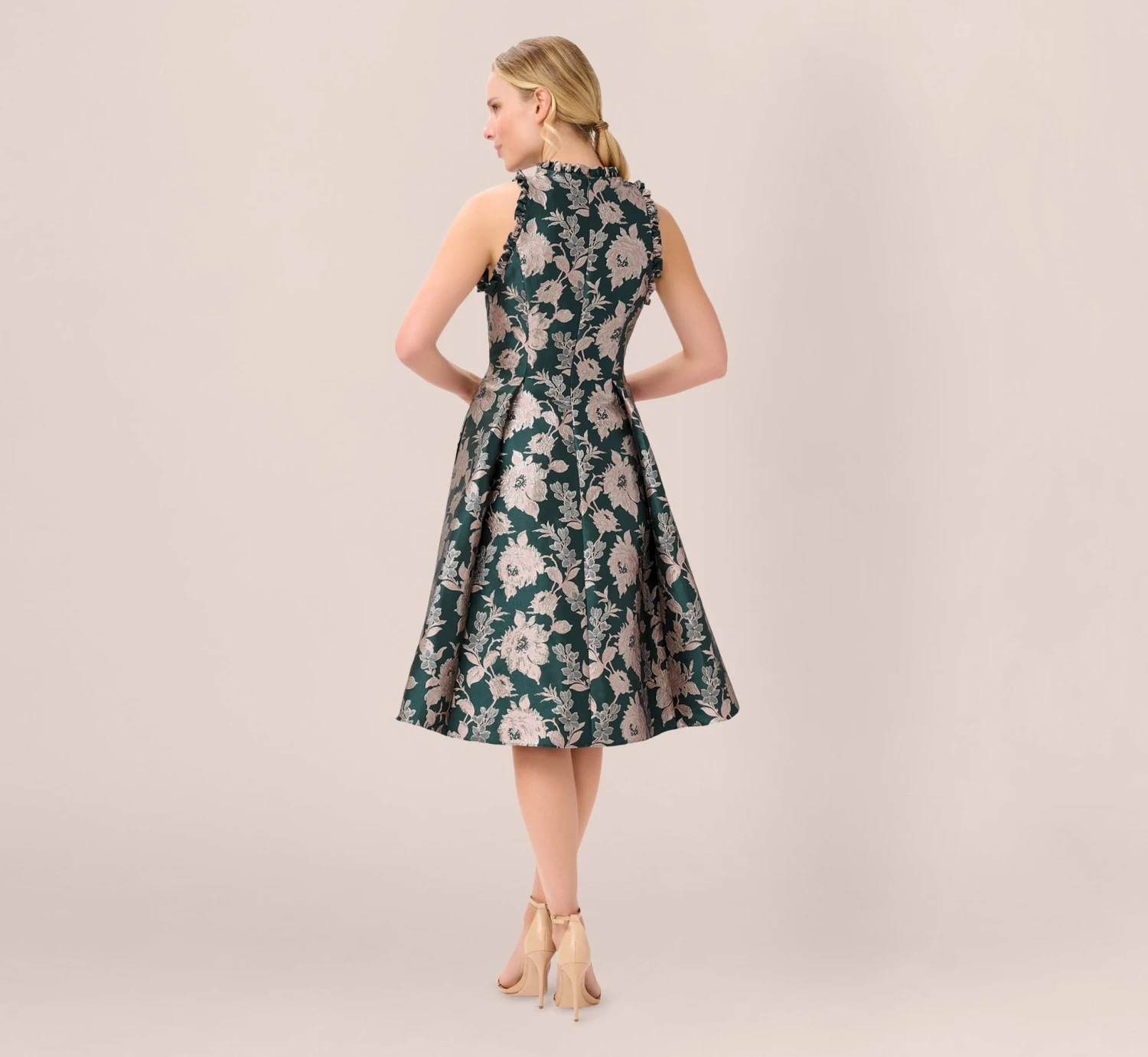 Adrianna Papell Metallic Floral Jacquard Ruffled Fit And Flare Short Day Dress In Hunter Multi 2 Adrianna Papell Metallic Floral Jacquard Ruffled Fit And Flare Short Day Dress In Hunter Multi - Image 2