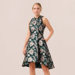 Adrianna Papell Metallic Floral Jacquard Ruffled Fit And Flare Short Day Dress In Hunter Multi 8 Adrianna Papell Metallic Floral Jacquard Ruffled Fit And Flare Short Day Dress In Hunter Multi -Glam Mirth Sales AP1D104821 AH390 Regular Default