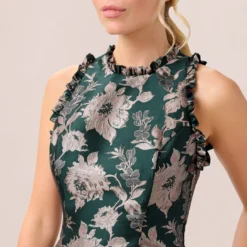Adrianna Papell Metallic Floral Jacquard Ruffled Fit And Flare Short Day Dress In Hunter Multi 9 Adrianna Papell Metallic Floral Jacquard Ruffled Fit And Flare Short Day Dress In Hunter Multi -Glam Mirth Sales AP1D104821 AH390 Regular Detail