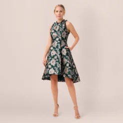 Adrianna Papell Metallic Floral Jacquard Ruffled Fit And Flare Short Day Dress In Hunter Multi 11 Adrianna Papell Metallic Floral Jacquard Ruffled Fit And Flare Short Day Dress In Hunter Multi -Glam Mirth Sales AP1D104821 AH390 Regular Side