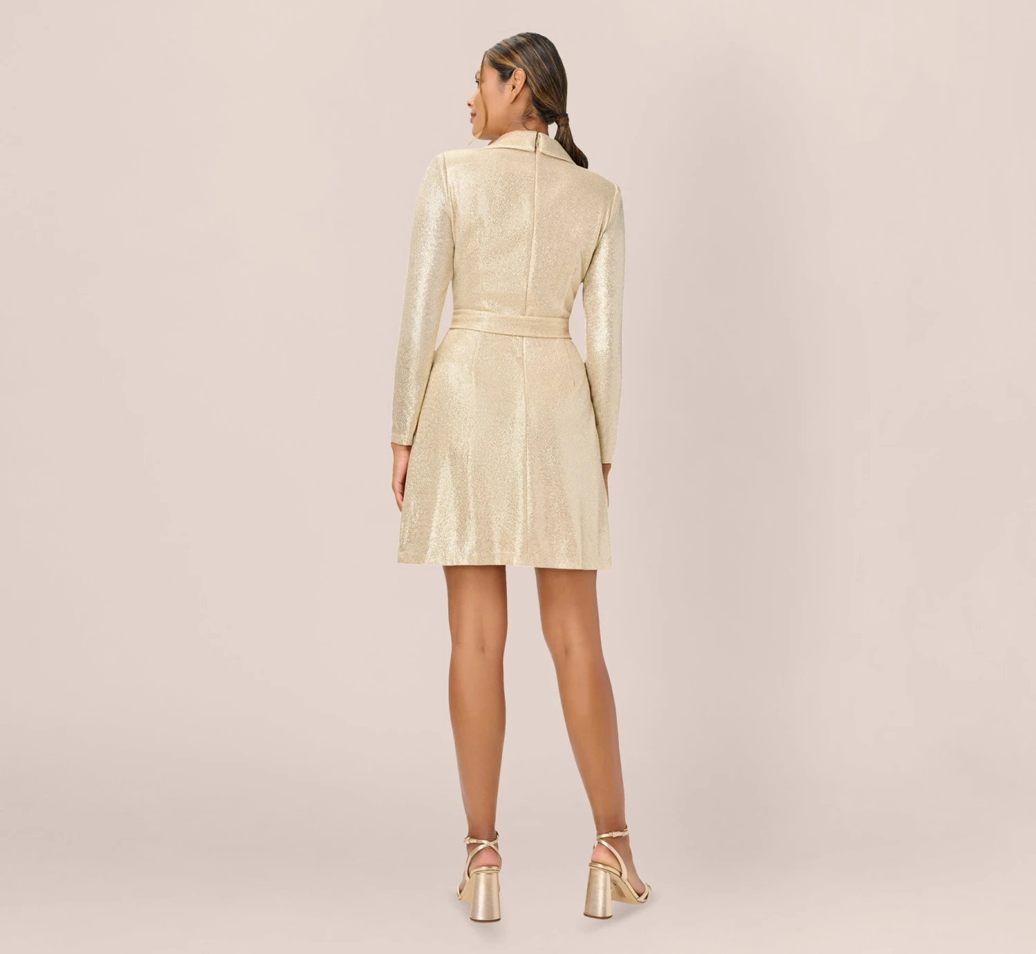 Adrianna Papell Metallic Jersey Short Wrap Tuxedo Dress In Gold 2 Adrianna Papell Metallic Jersey Short Wrap Tuxedo Dress In Gold - Image 2