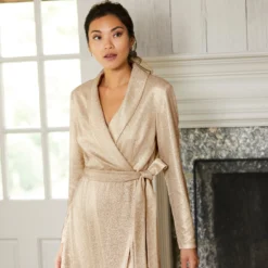 Adrianna Papell Metallic Jersey Short Wrap Tuxedo Dress In Gold 9 Adrianna Papell Metallic Jersey Short Wrap Tuxedo Dress In Gold -Glam Mirth Sales AP1D104833 AA268 Regular Default