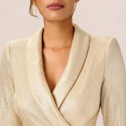 Adrianna Papell Metallic Jersey Short Wrap Tuxedo Dress In Gold 7 Adrianna Papell Metallic Jersey Short Wrap Tuxedo Dress In Gold -Glam Mirth Sales AP1D104833 AA268 Regular Detail