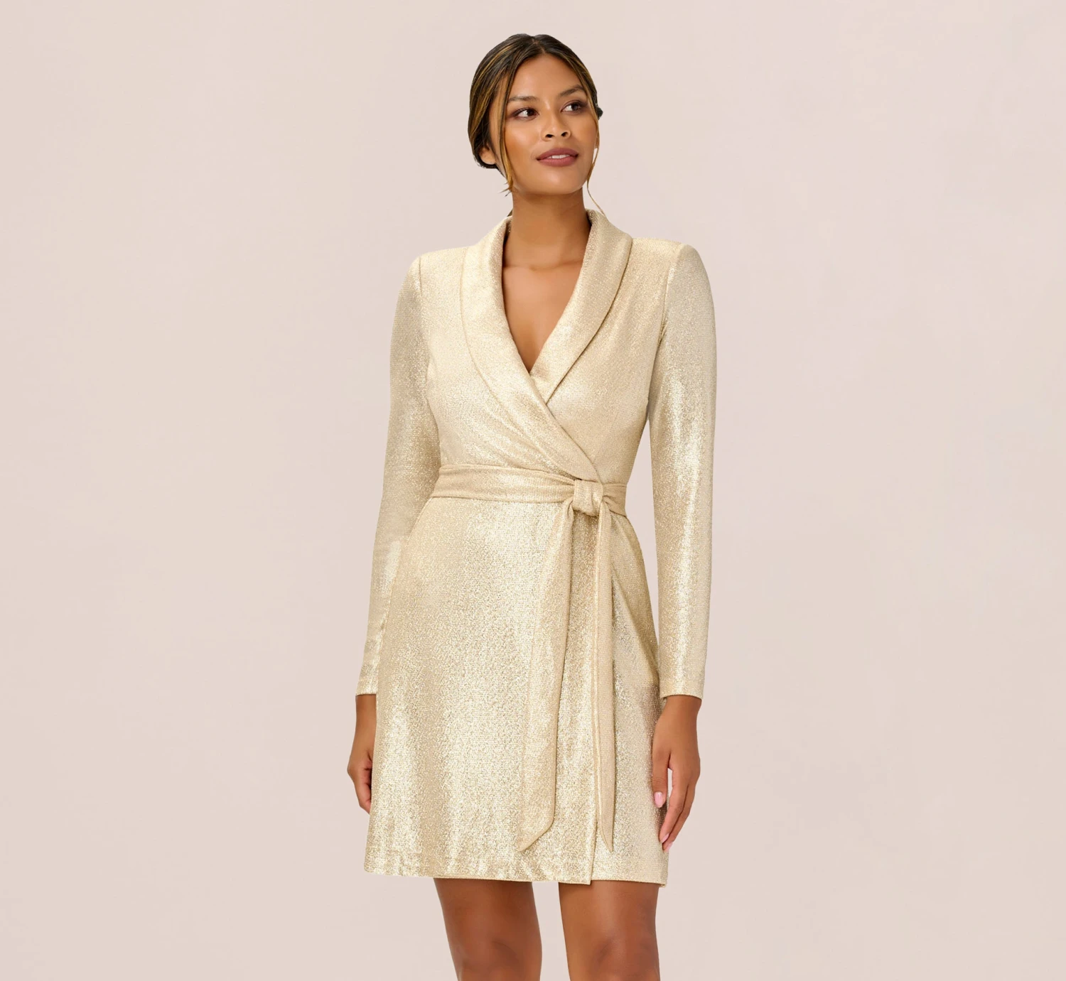 Adrianna Papell Metallic Jersey Short Wrap Tuxedo Dress In Gold 1 Adrianna Papell Metallic Jersey Short Wrap Tuxedo Dress In Gold
