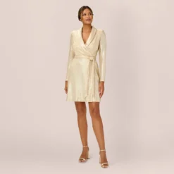 Adrianna Papell Metallic Jersey Short Wrap Tuxedo Dress In Gold 8 Adrianna Papell Metallic Jersey Short Wrap Tuxedo Dress In Gold -Glam Mirth Sales AP1D104833 AA268 Regular Side