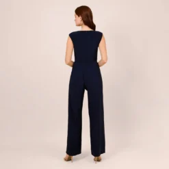 Adrianna Papell Stretch Jersey Twist-Front Jumpsuit With Overlay In Midnight 10 Adrianna Papell Stretch Jersey Twist-Front Jumpsuit With Overlay In Midnight -Glam Mirth Sales AP1D104835 AB411 Regular Back