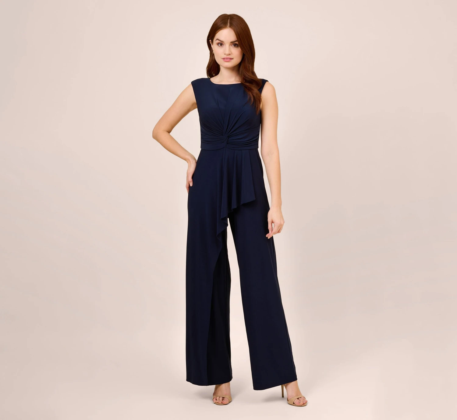 Adrianna Papell Stretch Jersey Twist-Front Jumpsuit With Overlay In Midnight 1 Adrianna Papell Stretch Jersey Twist-Front Jumpsuit With Overlay In Midnight