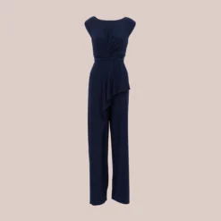 Adrianna Papell Stretch Jersey Twist-Front Jumpsuit With Overlay In Midnight 12 Adrianna Papell Stretch Jersey Twist-Front Jumpsuit With Overlay In Midnight -Glam Mirth Sales AP1D104835 AB411 Regular Flat