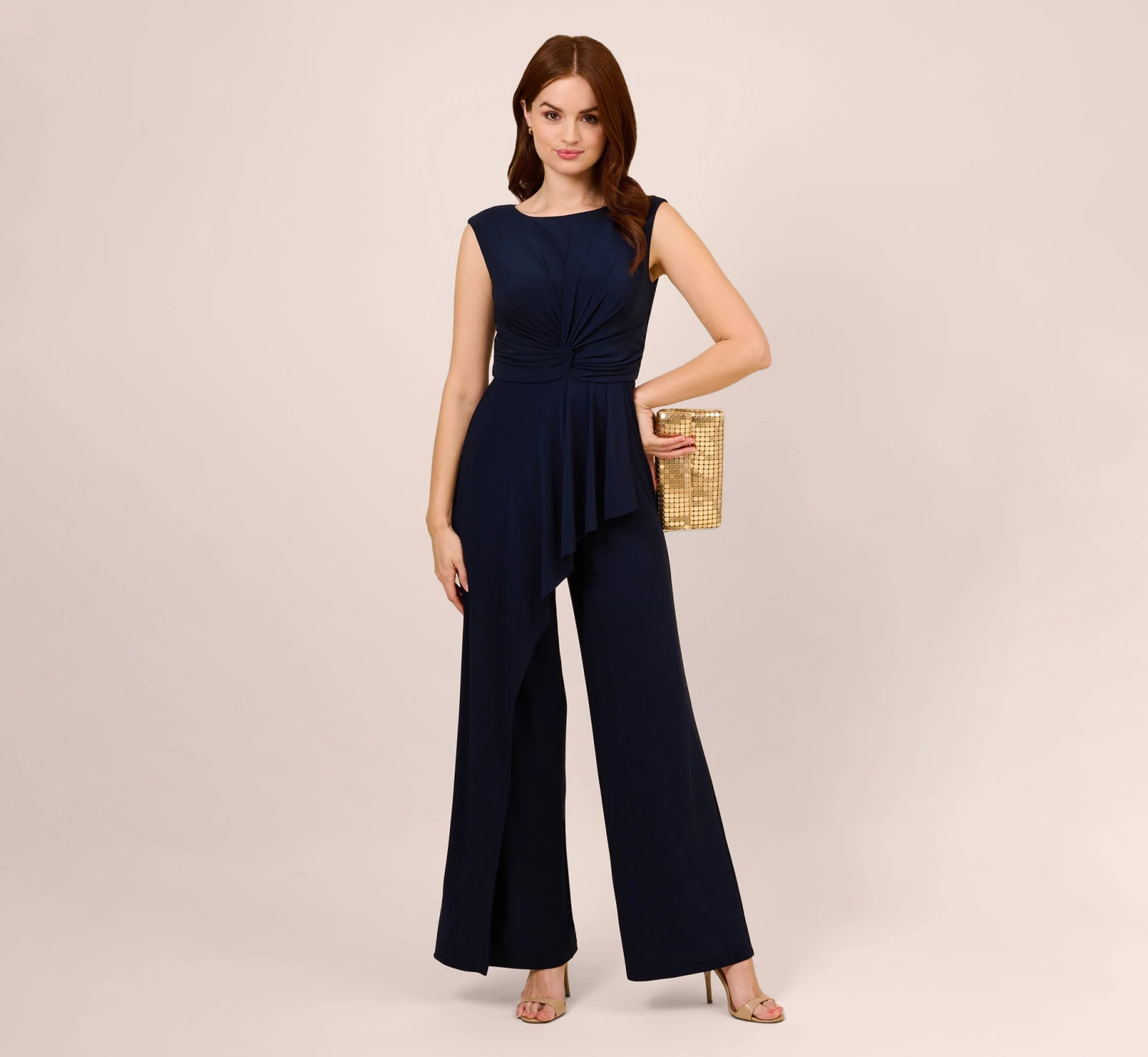 Adrianna Papell Stretch Jersey Twist-Front Jumpsuit With Overlay In Midnight 2 Adrianna Papell Stretch Jersey Twist-Front Jumpsuit With Overlay In Midnight - Image 2