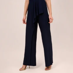 Adrianna Papell Stretch Jersey Twist-Front Jumpsuit With Overlay In Midnight 9 Adrianna Papell Stretch Jersey Twist-Front Jumpsuit With Overlay In Midnight -Glam Mirth Sales AP1D104835 AB411 Regular Side