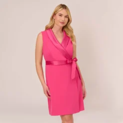 Adrianna Papell Plus Size Crepe Tuxedo Short Faux Wrap Dress In Cabaret Pink