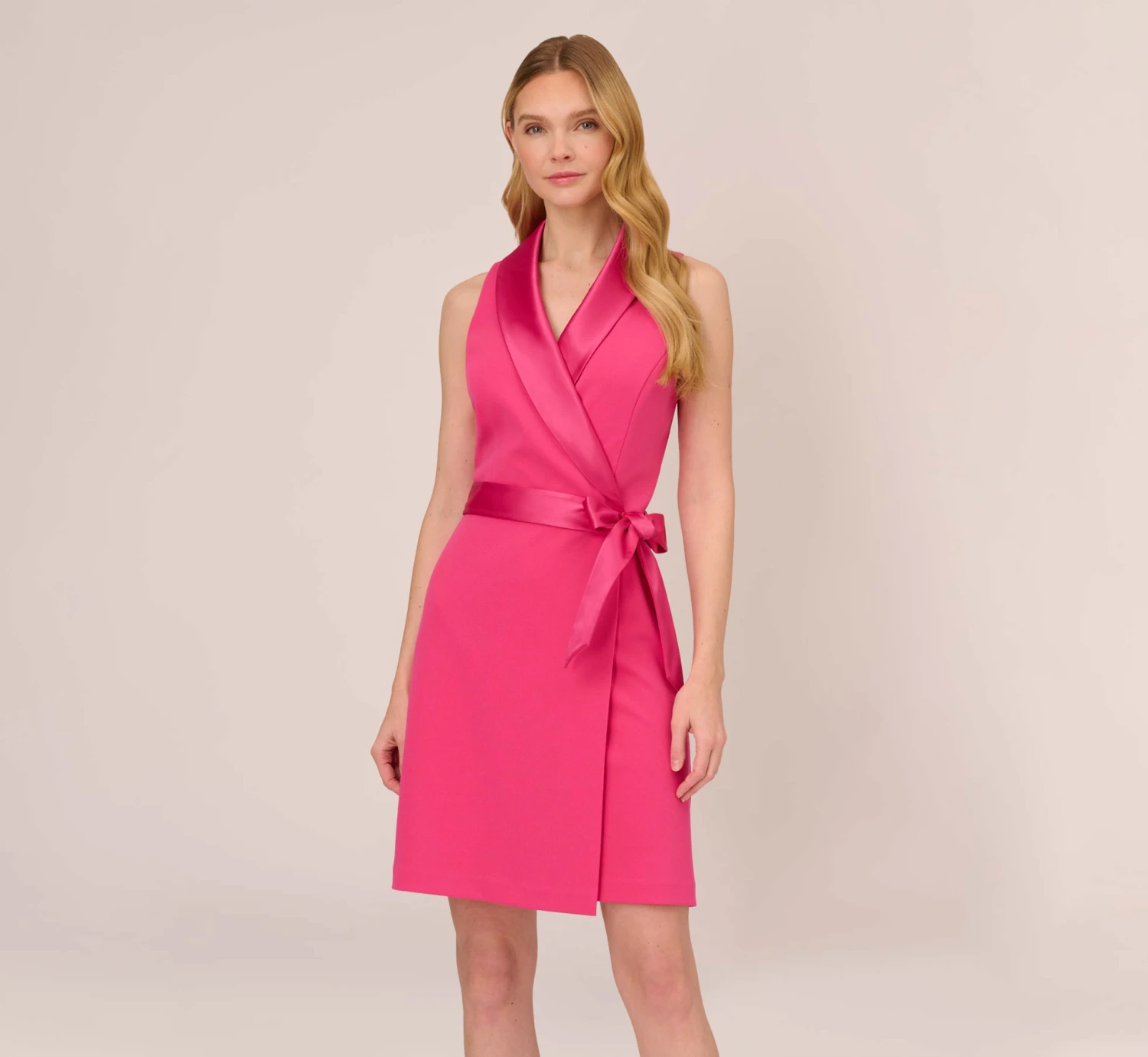 Adrianna Papell Crepe Tuxedo Short Faux Wrap Dress In Cabaret Pink 1 Adrianna Papell Crepe Tuxedo Short Faux Wrap Dress In Cabaret Pink