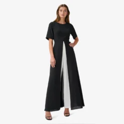 Adrianna Papell Colorblock Gauzy Crepe Jumpsuit With Skirt Overlay In Black Ivory